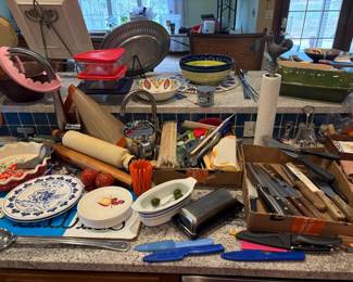 knives, utensils, rolling pins, Pyrex storage