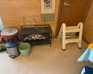 step stool, small tables, trash cans