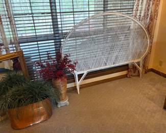 wicker headboard, copper kettle, floral, mirror