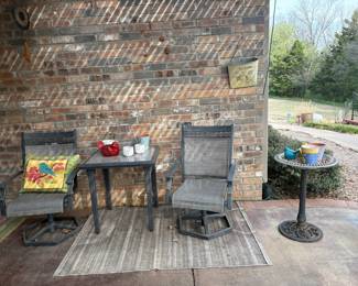 patio chairs, side table, small flower pots, metal bird bath