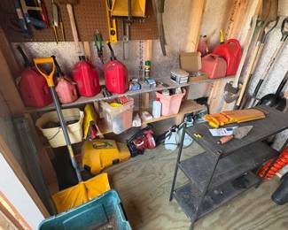 gas cans, tools