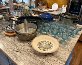Blue Fostoria glasses, bake ware, Dutch oven, Crockpot