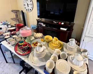 Vizio 65”, Entertainment center with electric fireplace, Ironstone dishes