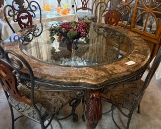 Wrought Iron Marble & Glass Top Dining Table, Marble has been repaired on one side