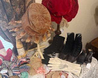 Victorian Velvet Hat with Plume with Button Top Boots & Art Deco Lucille Of New York Velvet Hat 