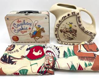 Westward Ho Pitcher, The Cowboy Cookie Box Cookie Cutters & Daniel Boone Theme Fabric Lot #: 68