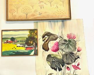 2 Original Watercolor Paintings: Clara Schrader Flowers & Ackerman Landscape & Color Pencil Drawing Of Trees Lot #: 140