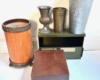 World War II Military Footlocker, Wood Trash Can With Bronze Details, Wood Filing Box & 3 Metal Buckets Lot #: 77