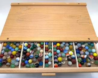 Hundreds Of Vintage Glass Marbles In 5 Drawer Wood Storage Case Lot #: 41