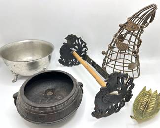 Vintage Cast Iron Chicken Paper Towel Holder, Iron Cornucopia, Pewter & Cast Iron Bowls & Leaf Bowl Lot #: 175