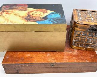 Vintage Cutlery Box, Wood Chirstmas Box & Wicker Box Lot #: 180