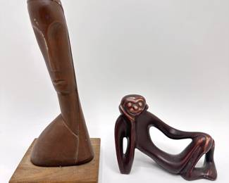 Mid Century Modern Ceramic Monkey & Carved Wood Bust Sculpture Lot #: 45