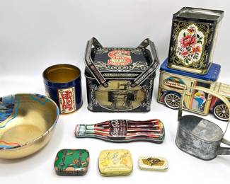 10 Vintage Tins: Coke, Pepsi, Singer Sewing Machines, Sunnydale Farms & More Lot #: 176