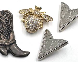 Pair Cowboy Collar Tips, Cowboy Boot Pin & Rhinestone Bee Brooch Lot #: 64