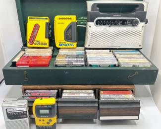 Vintage Sony Walkmans, Radio Shack Analog AM/FM Radio & Music Cassette Tapes With Storage Cases Lot #: 181
