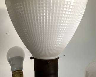 Antique Art Deco Solid Wood Carved Floor Lamp With Opaline Glass Shade & Brass Details Lot #: 57