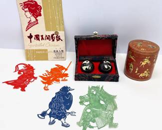 Chinese Paper Cut Figurines, Baoding Balls In Case & Hand Painted Wood Kashmiri Canister By Suffering Moses Lot #: 155
