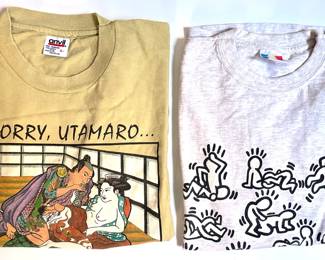 2 Vintage Erotic T-Shirts: Keith Haring Style & Japanese Shunga, Mens Size Large Lot #: 106