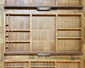 3 Vintage Wooden Typesetter Trays Printer's Drawers Trinket Display Cases Lot #: 73