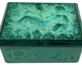 Carved Art Deco Bohemian Czech Malachite Glass Zodiac Covered Trinket Box Lot #: 141