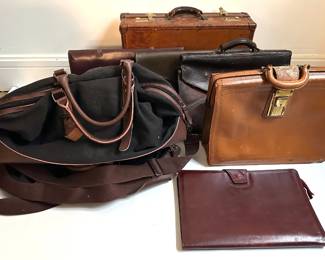 7 Vintage Leather Briefcases & Bags & 2 Large Canvas Bags With Leather Trim Lot #: 96