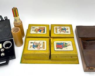 Vintage Playing Card Boxes, Pick Up Sticks In Wood Container & Mini Bocce Ball Set Lot #: 174