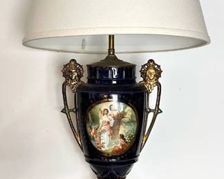 Vintage French Svres-style Cobalt Blue Porcelain Hand Painted Lamp With Brass Base Lot #: 54