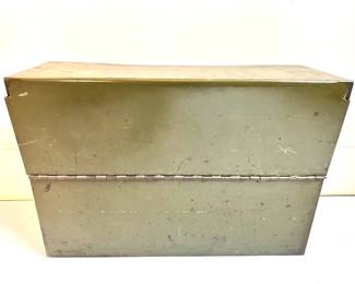 World War II Military Footlocker, Wood Trash Can With Bronze Details, Wood Filing Box & 3 Metal Buckets Lot #: 77