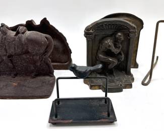  2 Sets Vintage Cast Iron Bookends: Horses & Thinker, Bird Napkin Holder & More Lot #: 146