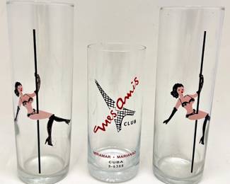2 Vintage Libbey Risqu Pin-up Pole Dancer Highball Glasses & Cuban "Mes Amis Club" Glass Lot #: 165