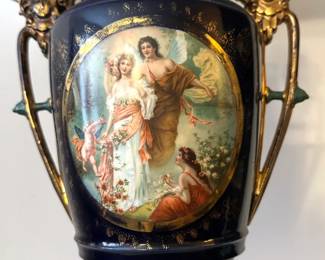 Vintage French Svres-style Cobalt Blue Porcelain Hand Painted Lamp With Brass Base Lot #: 54