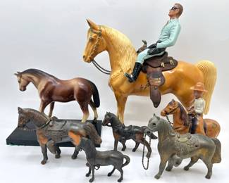 7 Vintage Horses, 2 With Cowboys: Cast Iron, Plastic & Other Materials Lot #: 171