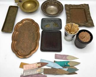 7 Vintage Trinket Trays & Bowls, Some Copper & Toothpick Holders Including New Leather Sheaths Lot #: 144