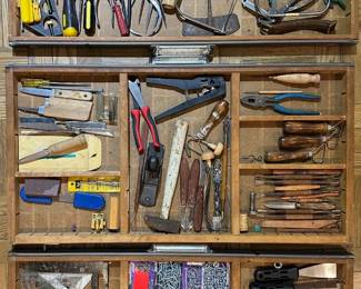 3 Vintage Wooden Typesetter Trays Printer's Drawers Full Of Hand Tools Lot #: 18