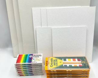 Art Supplies: 8 Canvases, 5 New Crayola Watercolor Sets, 7 New Stanford Oil Pastels & Paint Brushes Lot #: 129
