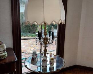 Hollywood regency glass top table lamp