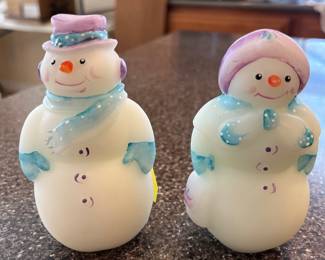 Fenton Art Glass Hand-Painted Snowfriends Mr & Mrs Snowman Signed