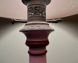 Victorian "Gone With The Wind" Style Pink Opaline Glass Lamp with Horse Motif