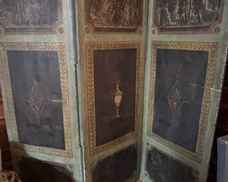 Antique Italian Neoclassical Painted Canvas Folding Screen