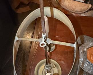 Antique French Bouillotte Lamp with Hand-Painted Tole Shade