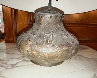 Arts and Crafts Hammered Metal Table Lamp with Folate Motifs