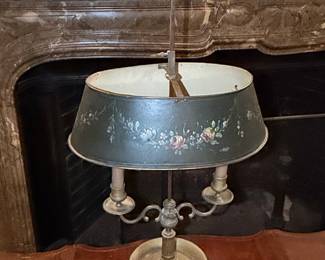 Antique French Bouillotte Lamp with Hand-Painted Tole Shade