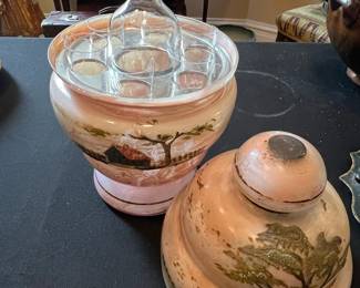 Victorian Glass Decanter and Tumbler Set with Painted Rural Scene