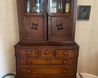 Antique Arts and Crafts Oak China Cabinet with Marquetry