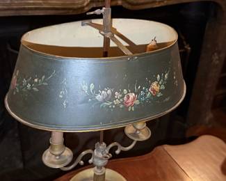 Antique French Bouillotte Lamp with Hand-Painted Tole Shade