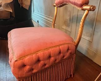 Victorian Giltwood Tufted Ottoman Stool with Fringe and Casters