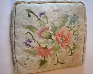 Vintage Floral Needlepoint Pillow with Fringe Trim