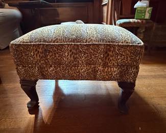Vintage Leopard Print Upholstered Ottoman with Carved Cabriole Legs