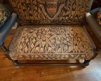 Arts and Crafts Settee with Embroidered Crest and Folate Tapestry