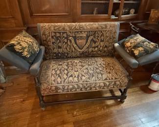 Arts and Crafts Settee with Embroidered Crest and Folate Tapestry